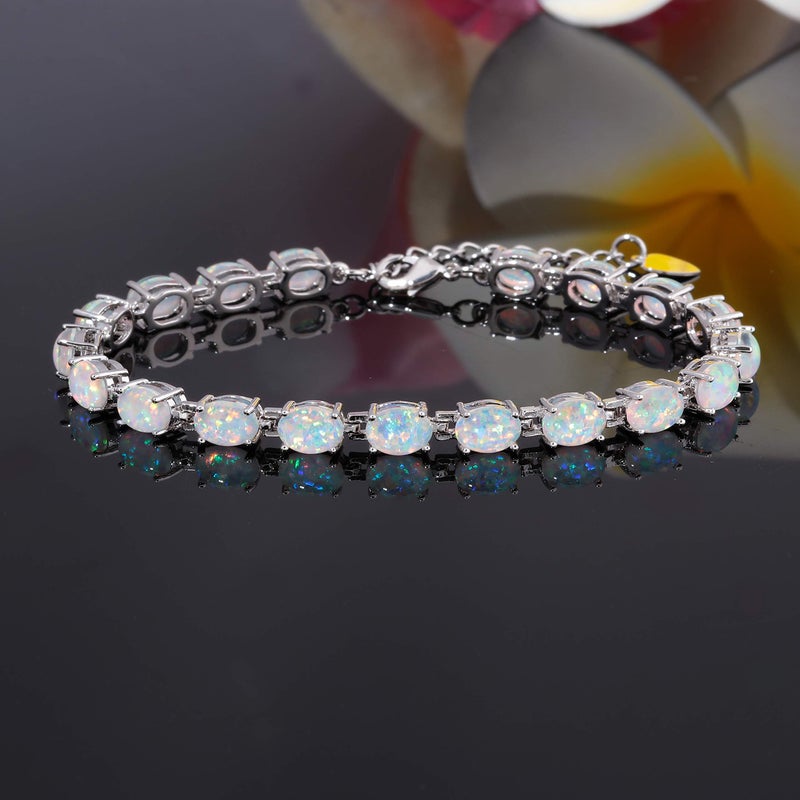 CiNily Oval Shape Tennis White Opal Bracelet for Women Ladies Adjustable Opal Jewelry Rhodium Plated Gemstone Bracelet 8.5" - Image 2
